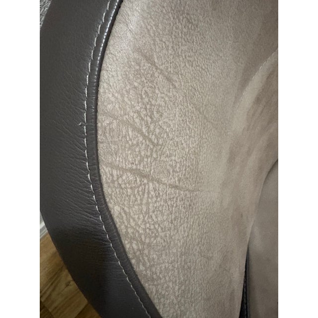 2020s Fantastic Pair of Roche Bobois 2 Tone Leather Pivot/Swivel Arm Chairs With X Chrome Base Baseball Stitching Mink Grey Brown For Sale - Image 5 of 12