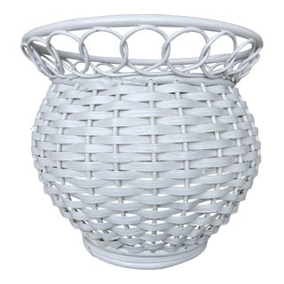 Vintage White Rattan Wicker Planter Basket For Sale