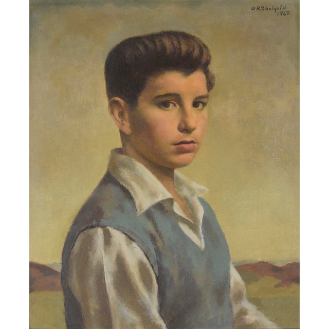 "The Child Star" Mid Century Portrait of a Boy with Brown Eyes Oil on Canvas Stately portrait of a boy by William Robert...