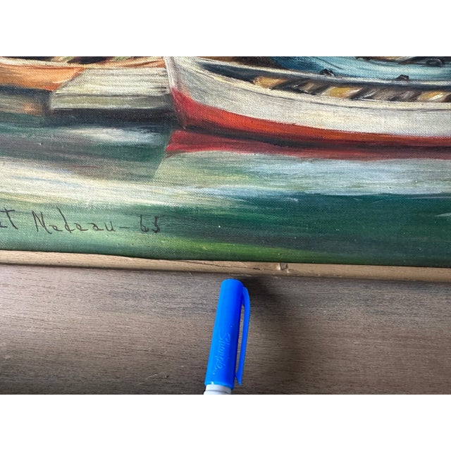 Vintage 1965 Framed Painting of Dinghys and Sailboat at the Lobster-Mans Shack in the Harbor For Sale - Image 9 of 13