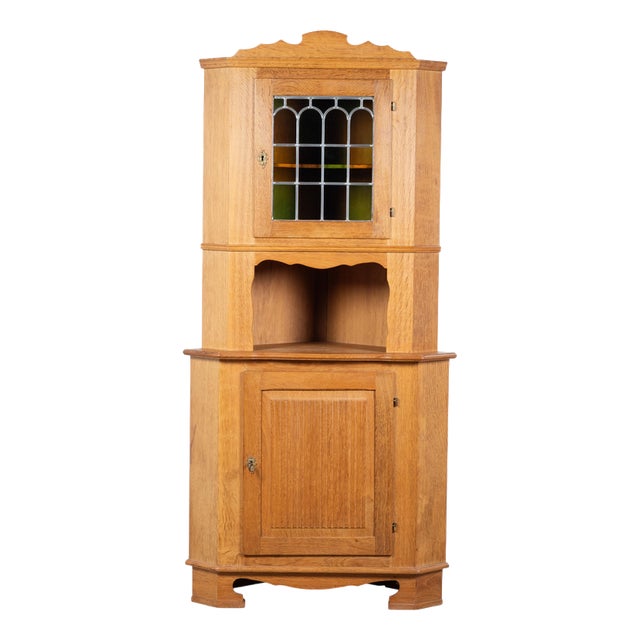 Danish Brutalist Oak Corner Cabinet with Leaded Glass, 1960s For Sale