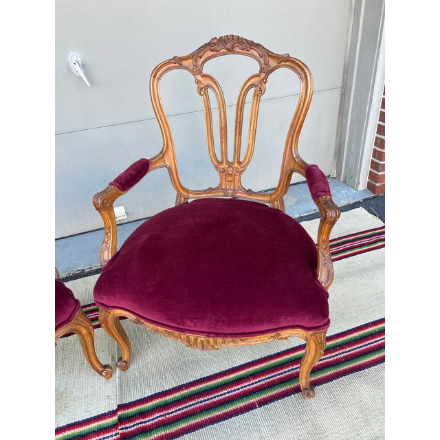 French Pair of French Louis XV Style Carved Fruitwood Bergere Arm Chairs, 1950’s For Sale - Image 3 of 12