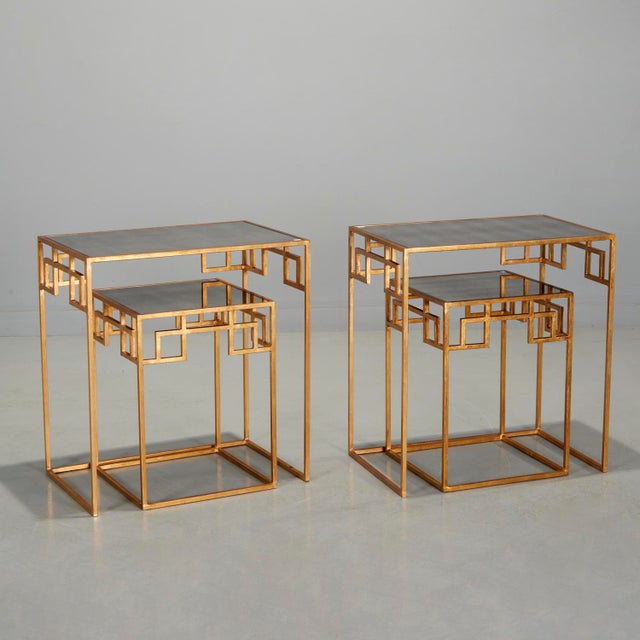 Pair Contemporary Gilt and Mirrored Glass Nesting Tables With Greek Key