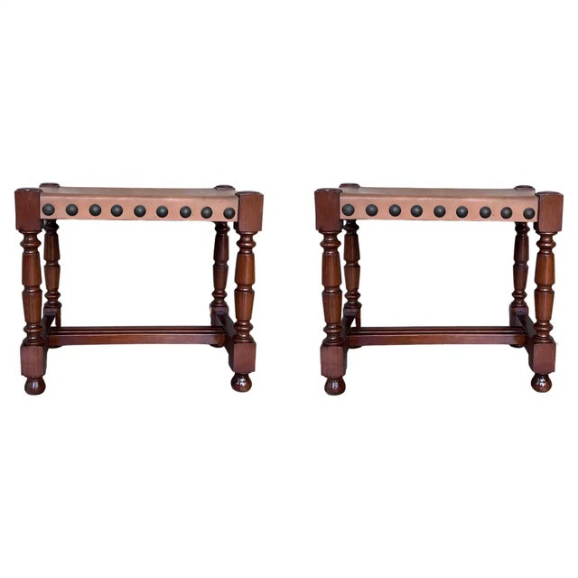 Pair of Foot Stools in Walnut and Leather Seat With Tacks For Sale - Image 9 of 9