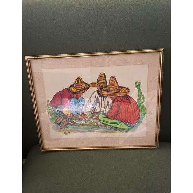 Red Mexican Art. Mexican Signed Framed Vibrant Wall Water Colour Print Decor For Sale - Image 8 of 8