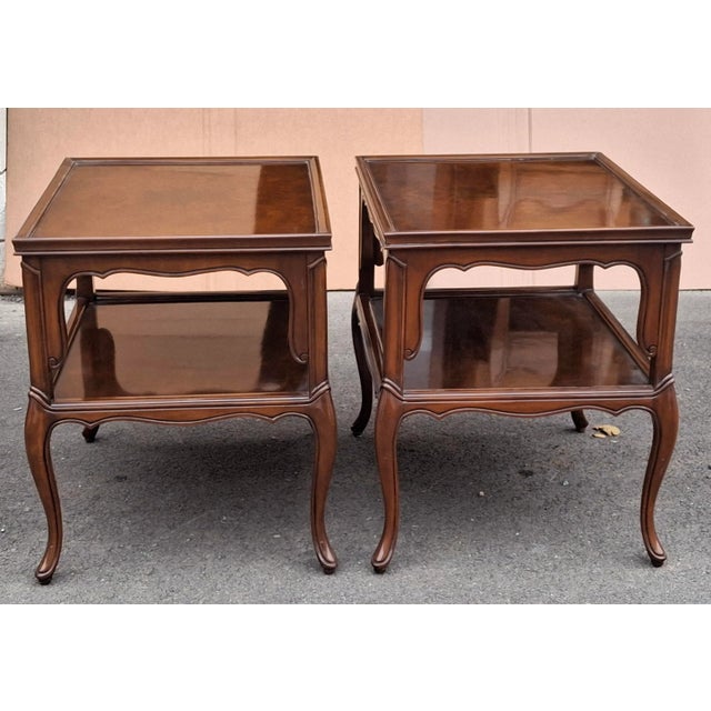 French Provincial Pair of Karges Furniture Provincial Mahogany Tiered Side Tables For Sale - Image 3 of 17