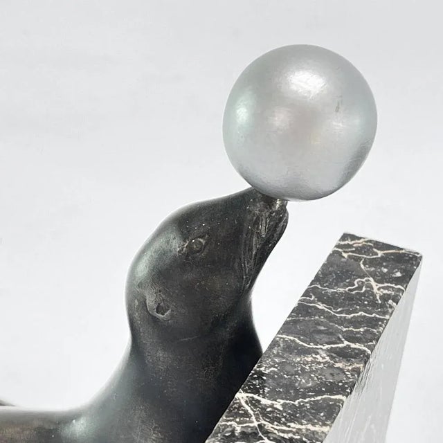 Metal Art Deco Bookends with Sea Lions on Marble Bases, 1930s, Set of 2 For Sale - Image 7 of 8