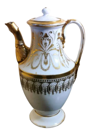 Antique Napoleon III Porcelain De Paris Chocolate Tea Pot With Pure Gold Decorations