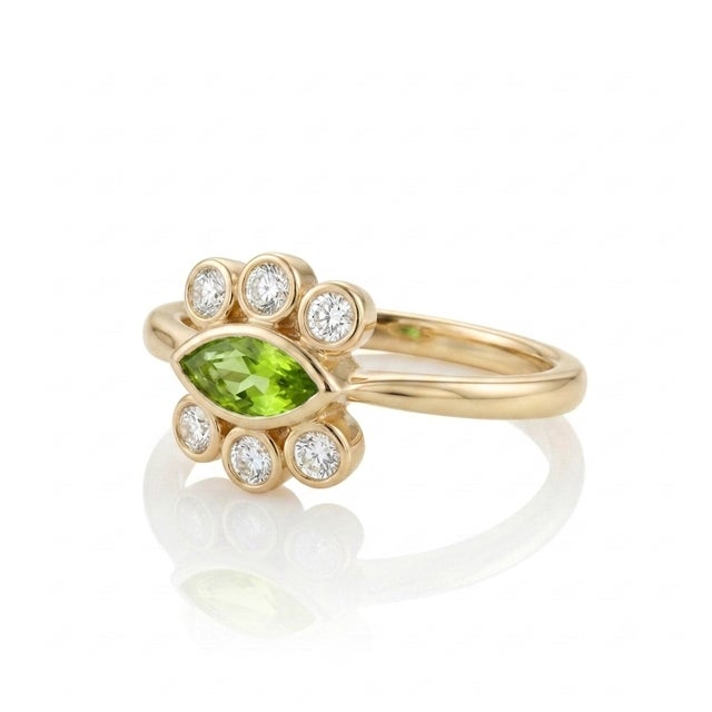 Not Yet Made - Made To Order Peridot Marquise Cut Ring | August Birthstone Ring | Unique Style Gemstone Statement Us 7 For Sale - Image 5 of 6