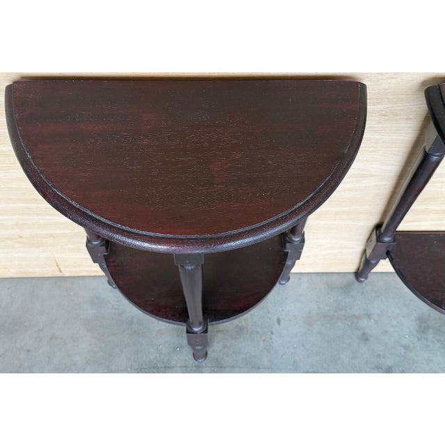 Early 20th Century Early 20th Century Pair of Dark Wood Narrow Demilune Convertible Nightstands with Low Shelve For Sale - Image 5 of 18