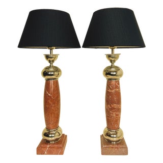 Red Marble and Chromed Steel Column Table Lamps, 1970s, Set of 2 For Sale