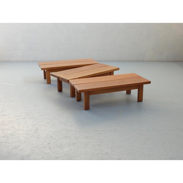 Nesting Tables in Elm, 1970s, Set of 3, in Very Good conditions. Designed 1970 to 1979 This piece has an attribution mark,...