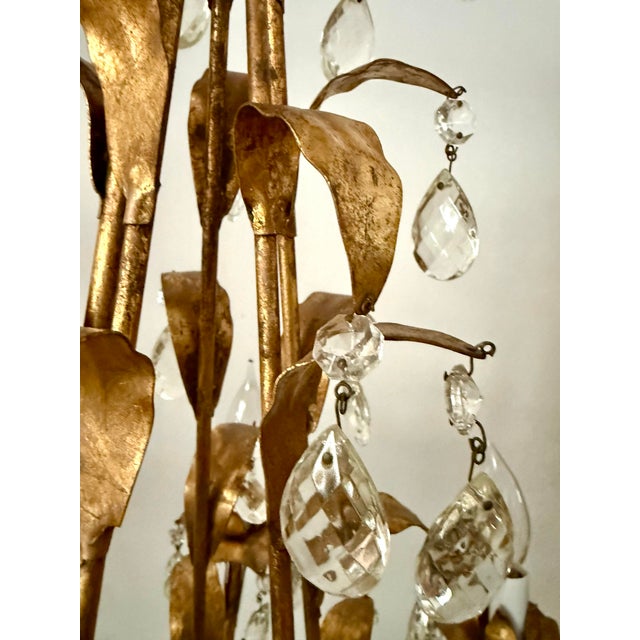 Metal Mid 20th Century Hollywood Regency Gilt Tole Leaf & Crystal 5-Light Chandelier For Sale - Image 7 of 12