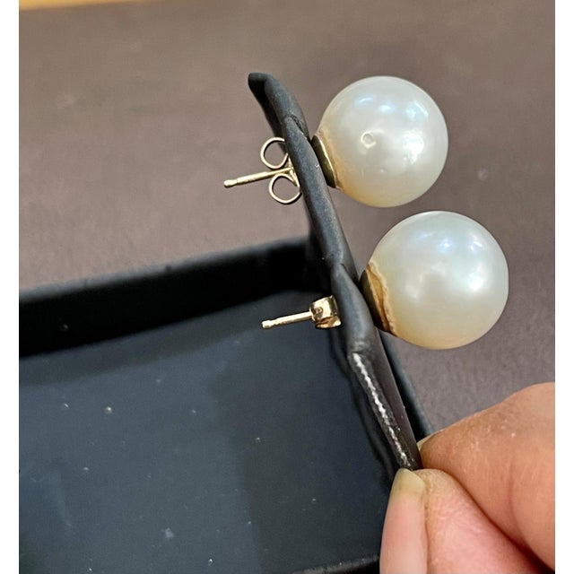 13 MM White South Sea Pearl Stud Earrings 14 Karat Yellow Gold For Sale - Image 4 of 8