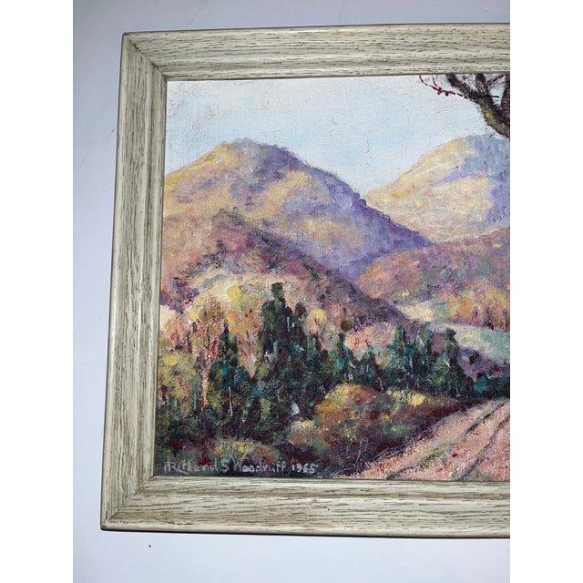 An acrylic on board landscape from a Woodstock New York studio signed by Richard S Woodruff in 1965. A peaceful scene with...