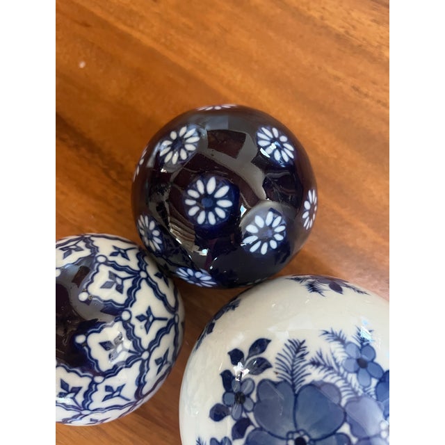 Blue and White Floral Ceramic Balls - Set of 3 For Sale - Image 4 of 7