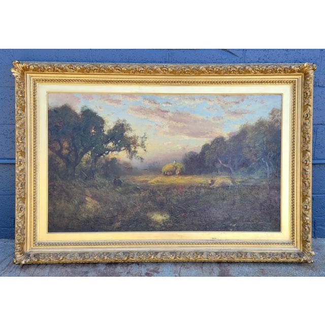 Exceptional grand-scale 19th century landscape painting by Important American artist William Keith. Titled "Harvest"....