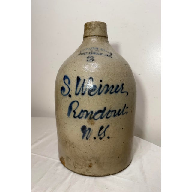 American Antique 1800s Antique Ottman Bros. Ny Stoneware Salt Glazed Cobalt Pottery 2 Jug For Sale - Image 3 of 11