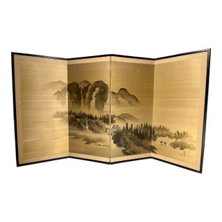 Vintage Japanese 4-Panel Byobu Folding Screen Hand Painted on Silk Landscape Motif 66" X 36" For Sale