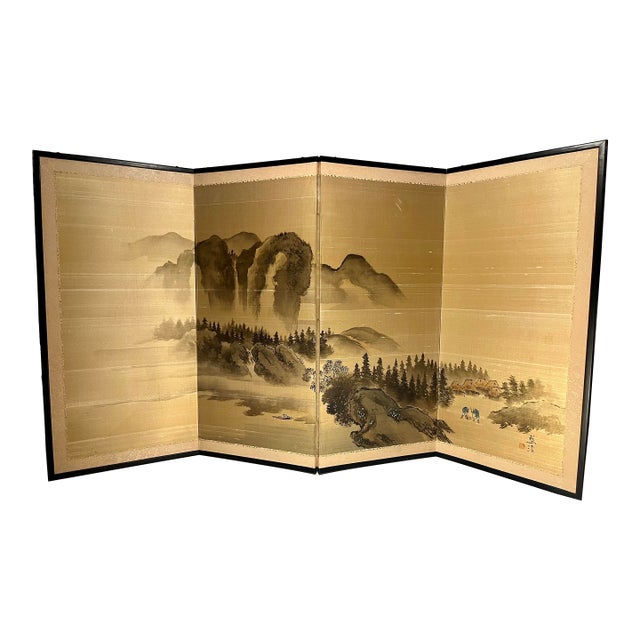 Vintage Japanese 4-Panel Byobu Folding Screen Hand Painted on Silk Landscape Motif 66" X 36" For Sale