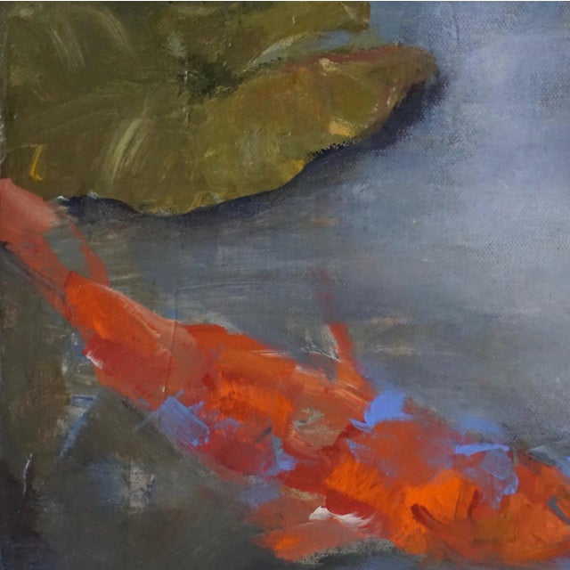Wood Contemporary Koi Pond Painting "Staying Afloat" by Karen Zazon For Sale - Image 7 of 8