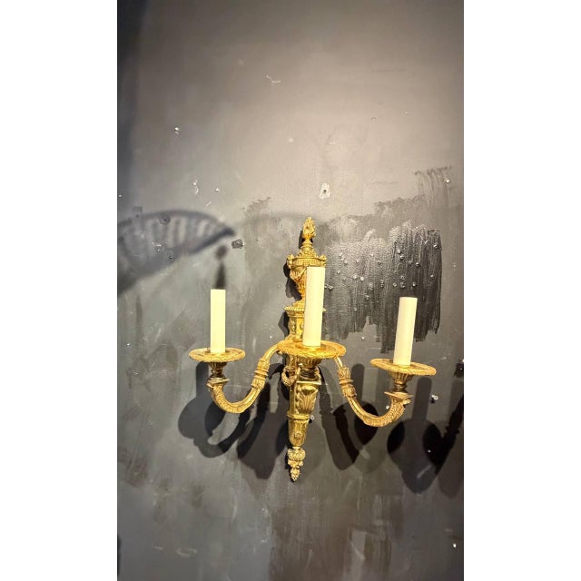 Bronze 1920 Caldwell Gild Bronze Sconces 3 Lights Louis XVI Style - a Pair For Sale - Image 8 of 12