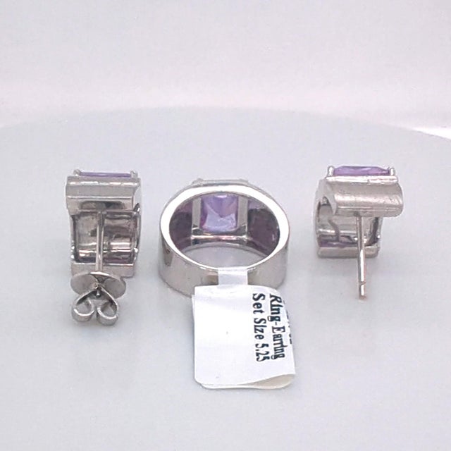 Contemporary 14k White Gold Pink Cz Wide Band Ring & Earring Set, 3 Pieces For Sale - Image 3 of 3