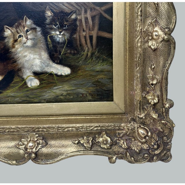 Gold Antique English Edwardian Oil Painting on Canvas Cats Kittens at Play Dated 1907 For Sale - Image 8 of 8