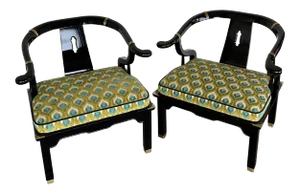 Expertly Reupholstered Black Lacquered Chinoiserie Chairs by Century Furniture - a Pair