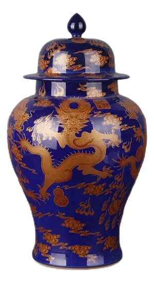 Antique Chinese Ceramic Pot Qing Dynasty Kangxi Marked Blue Ground Famille Rose Porcelain Ginger Jar Hand Painted Golden Dragon Pattern