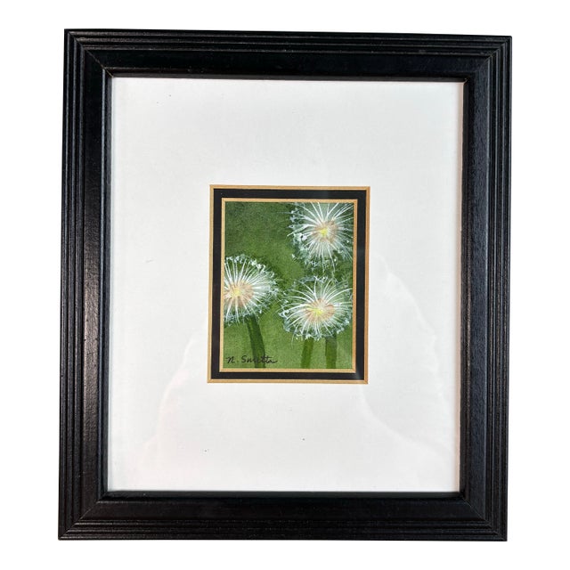 Dandelion Wishes Miniature Original Watercolor Painting Signed and Framed For Sale