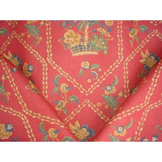 F Schumacher Pembridge Basket in Coral - Floral Basket Printed Linen Upholstery Fabric - 2-3/8 Yards For Sale