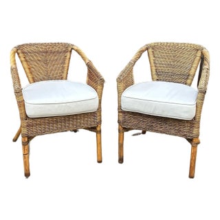 Two Wicker, Rattan and Bamboo Boho Chic Style, Arm Chairs, W/Tan Cushions, 1990’s For Sale