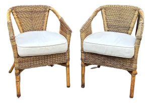 Two Wicker, Rattan and Bamboo Boho Chic Style, Arm Chairs, W/Tan Cushions, 1990’s