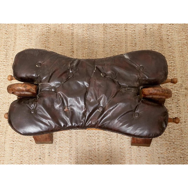 Vintage Leather Saddle Stool With Tufted Seat and Sculptural Wood Frame as Found For Sale - Image 4 of 12