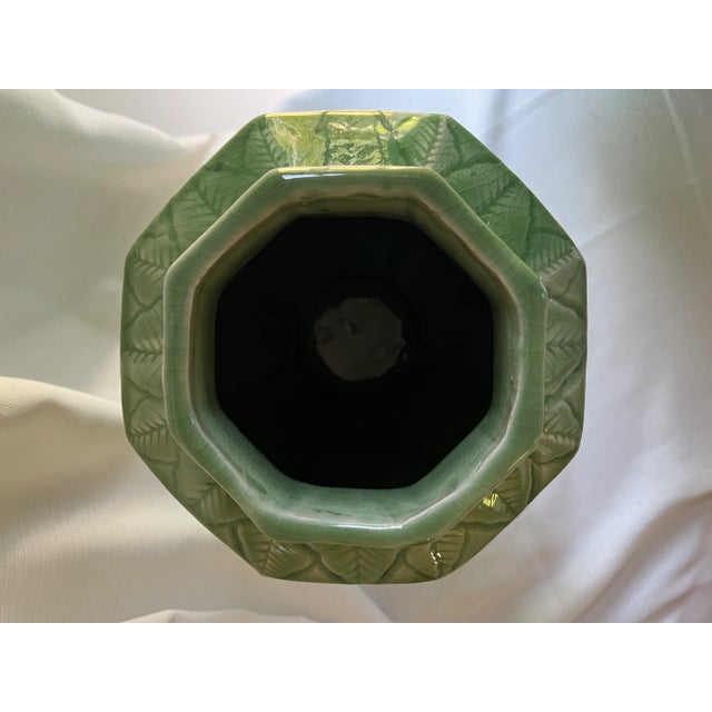 Celadon Vintage 1970s Chinese Export Chinoiserie Eight Sided Floral Embossed Celadon Vase For Sale - Image 8 of 12