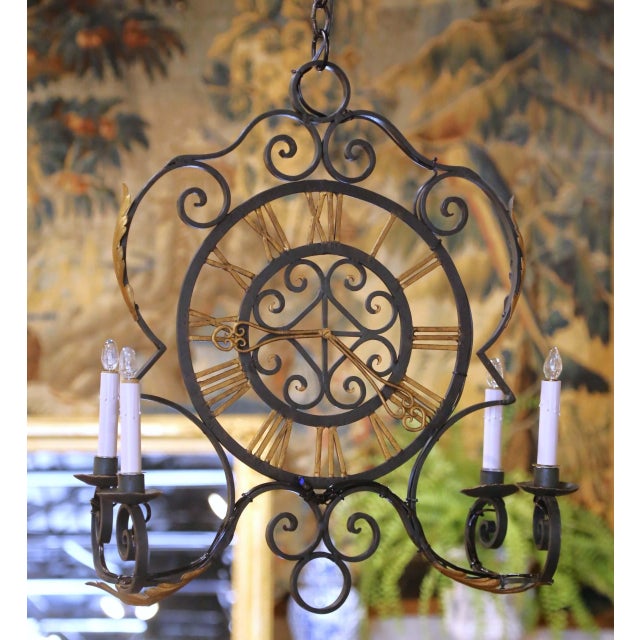 Early 20th Century Early 20th C. French Green Painted and Gilt Wrought Iron Clock Face Chandelier For Sale - Image 5 of 13