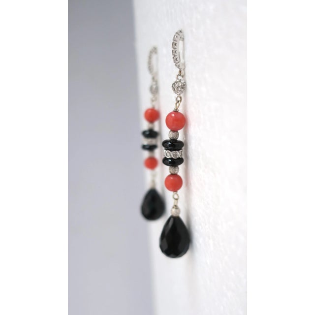 Late 20th Century Italian Diamond Coral and Black Onyx Dangle Earrings, Pair For Sale - Image 5 of 10