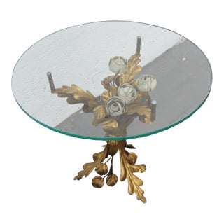 Hollywood Regency Floral and Gold Painted Finish Glass Top Coffee Table 6646 For Sale