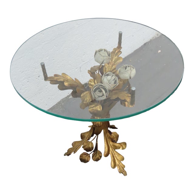 Hollywood Regency Floral and Gold Painted Finish Glass Top Coffee Table 6646 For Sale