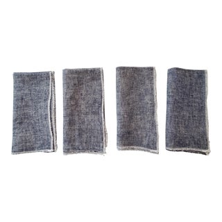 Dark Blue Linen Napkins With White Overlock Edge - Set of 4 For Sale