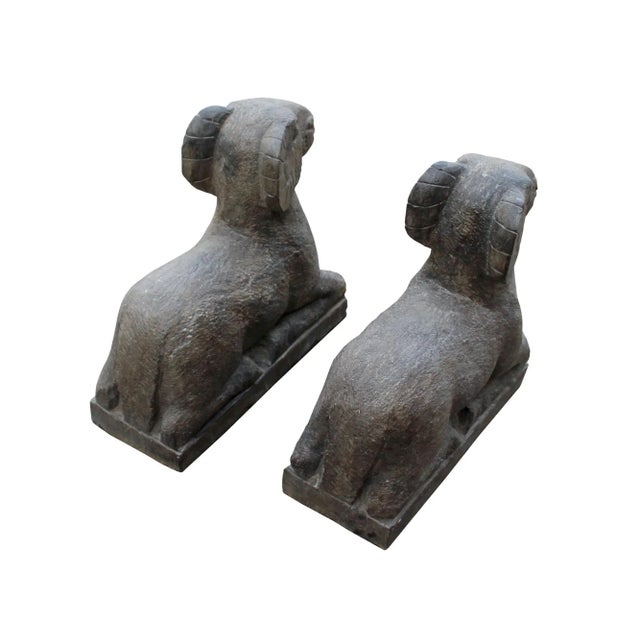 Chinese Look Gray Color Crouching Ram Stone Statues - a Pair For Sale - Image 4 of 7