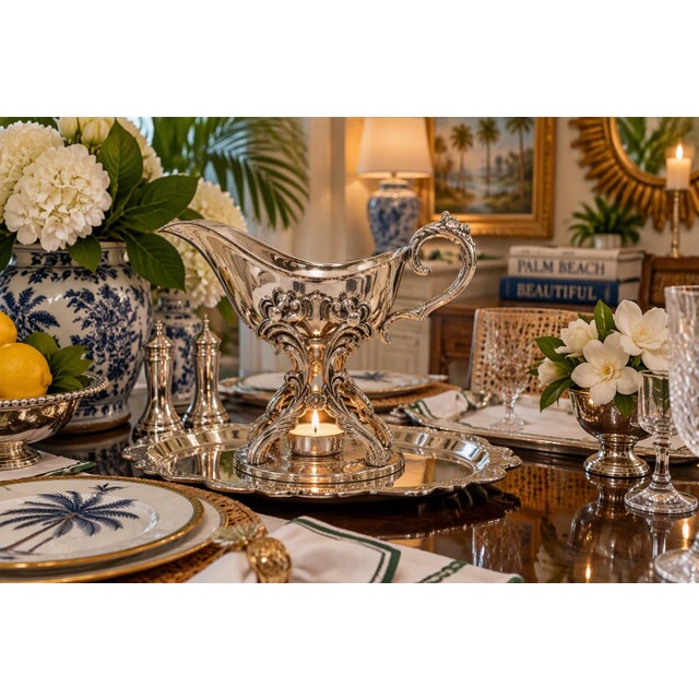 English F. B. Rogers Silver‑Plated Butter, Sauce or Gravy Warmer on Ornate Stand - Regency Dining, Holiday Dining, Entertaining, Thanksgiving - See Pics! For Sale - Image 3 of 9