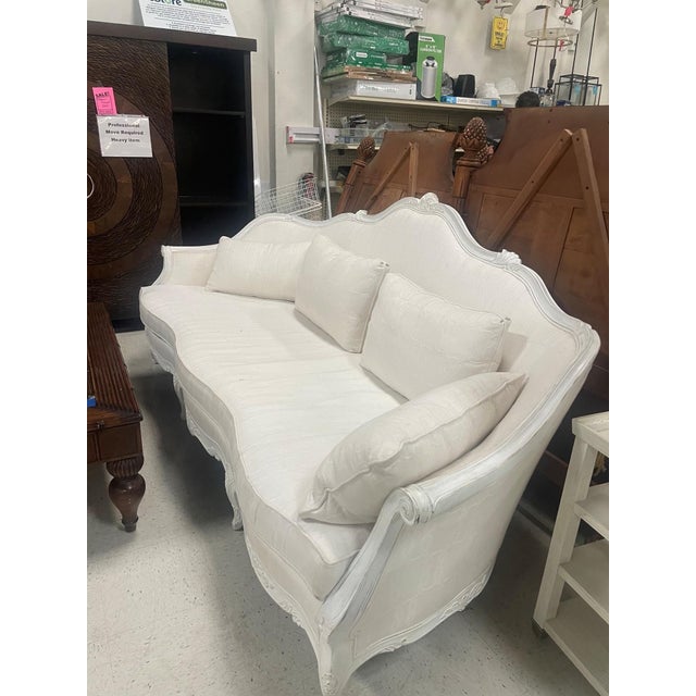 Neoclassical Ralph Lauren Home–Style Louis XV Carved Wood Sofa in Ivory Damask For Sale - Image 3 of 4