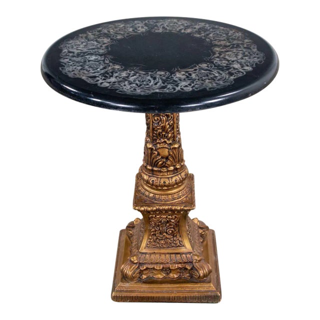 Neoclassic Hollywood RegencyPedestal Side Table Round Gilded Plaster & Black Composit Top For Sale