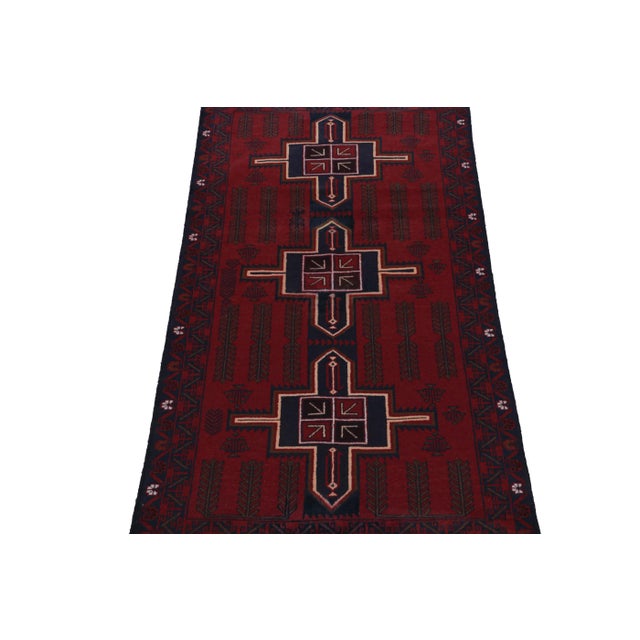 Tribal Rug & Kilim’s Baluch Runner Rug With Burgundy and Dark Blue Geometric Medallions For Sale - Image 3 of 8