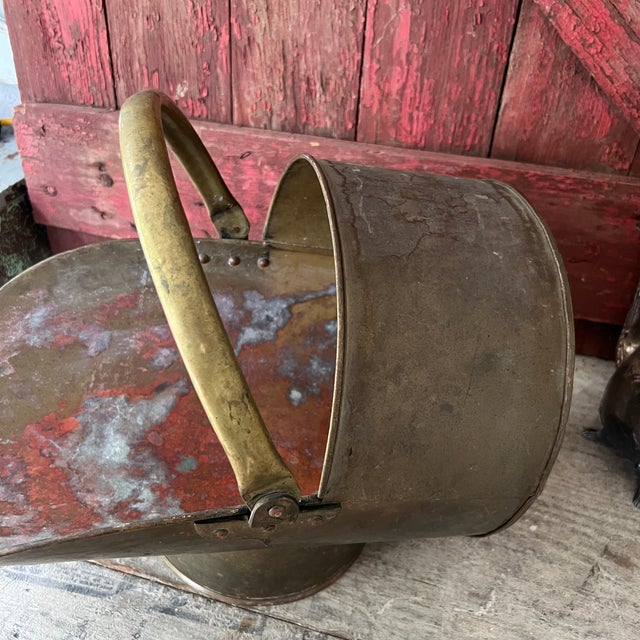 Brass Vintage Brass Coal Scuttle Bucket With Handle - Rustic Patina Finish - 18" For Sale - Image 8 of 14