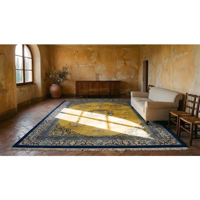 1920s Yellow Safrron Medallion Antique Chinese Peking Carpet 9'' X 12' Knotted Wool Rug For Sale - Image 14 of 15