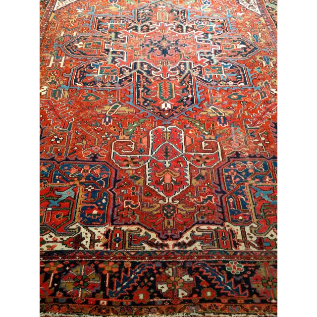 Antique Persian Heriz Karajah Rug, Hand-Knotted Wool, Geometric Medallion Pattern, Brick-Red & Navy, 9x12 For Sale - Image 12 of 17