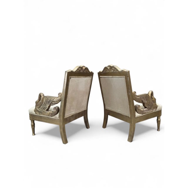 Vintage Neoclassical Empire Swan Arm Giltwood Lounge Chairs Newly Reupholstered in “Kings Gold” Italian Silk Velvet - Pair...